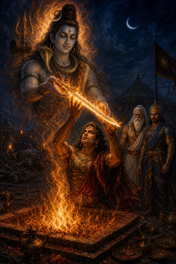 अग्नि के बीच से अश्वत्थामा दोनों हाथ उठाते हैं और शिव उन्हें एक तेजस्वी खड्ग प्रदान करते हैं।