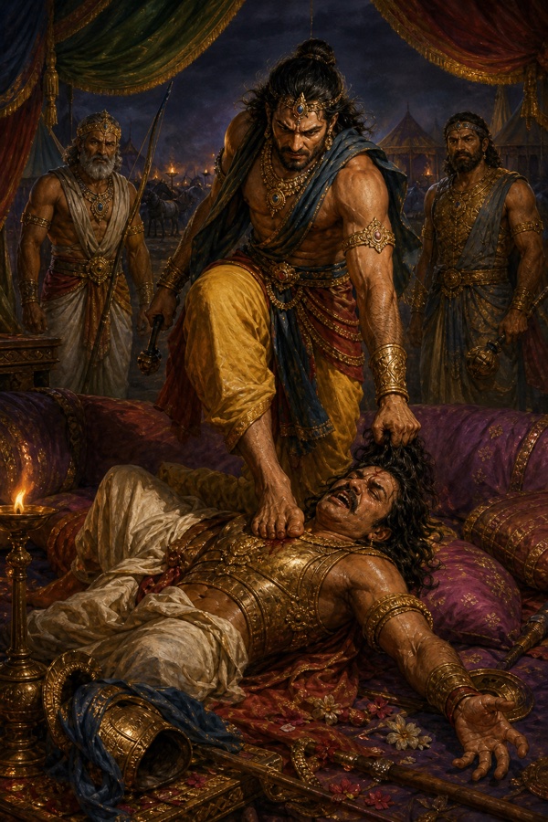 अश्वत्थामा सोए धृष्टद्युम्न के केश पकड़कर छाती पर पैर रखते हैं, दो साथी शस्त्र लिए पीछे खड़े हैं।