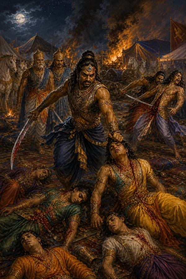 जलते शिविर में अश्वत्थामा रक्तरंजित तलवार लिए सोए हुए द्रौपदी के पुत्रों पर टूट पड़ते हैं।