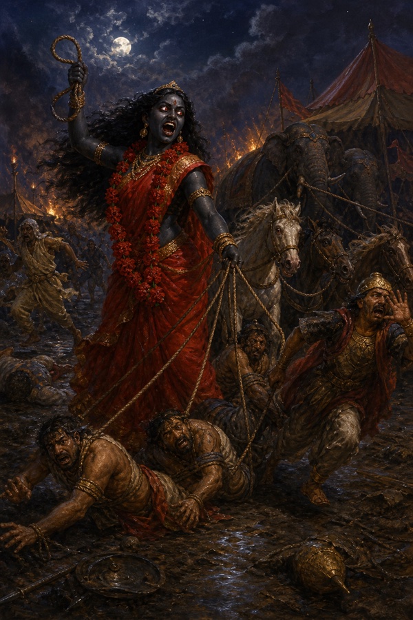 रक्तवर्ण साड़ी पहने कालरात्रि पाश थामे बंधे योद्धाओं को घसीटती है, घोड़े और हाथी पीछे भड़कते हैं।