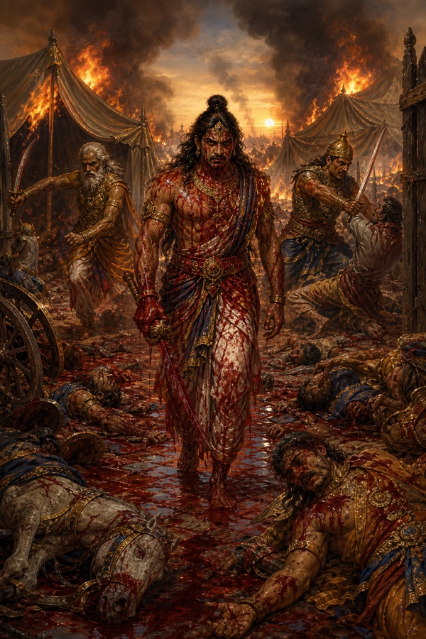 रक्त से नहाए अश्वत्थामा नंगी तलवार लिए शवों से पटे जलते शिविर के बीच से चलते हैं।