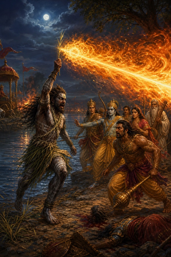 जटाधारी अश्वत्थामा घास के तिनके से प्रचंड ब्रह्मशिर अस्त्र छोड़ते हैं, भीम गदा थामे झपटते हैं।