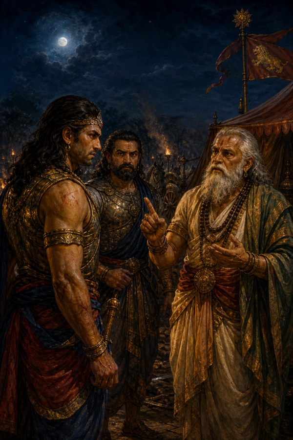 वृद्ध कृपाचार्य उंगली उठाकर रात में अश्वत्थामा को समझाते हैं, कृतवर्मा पीछे मौन खड़े हैं।