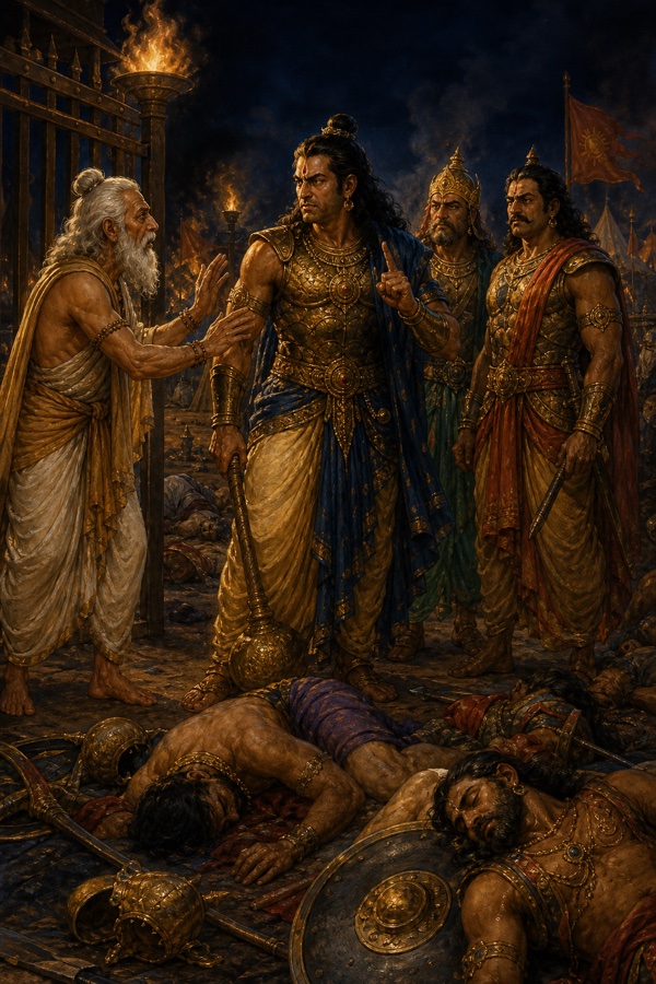 एक वृद्ध पुरुष द्वार पर कवचधारी अश्वत्थामा को रोकने का यत्न करता है, भूमि पर शव पड़े हैं।