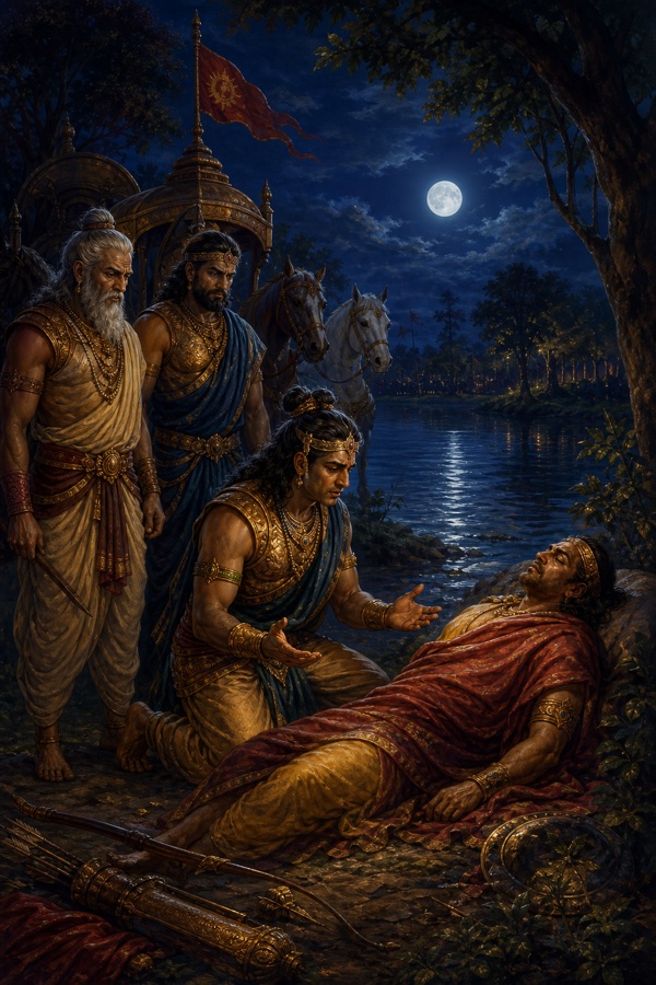 रात में अश्वत्थामा मरणासन्न दुर्योधन के पास घुटने टेककर समाचार कहते हैं, कृपाचार्य और कृतवर्मा पीछे खड़े हैं।