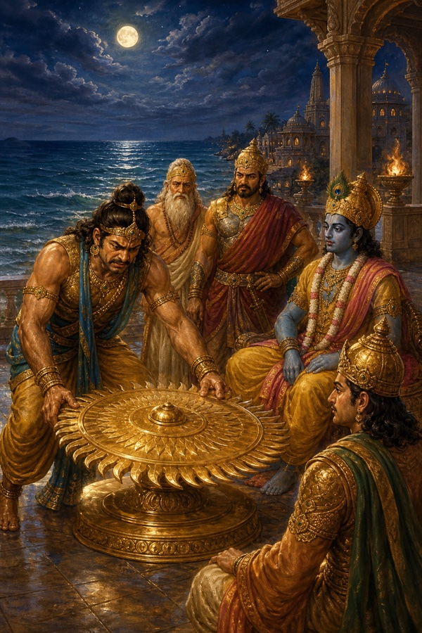 द्वारका में अश्वत्थामा पूरा बल लगाकर सुदर्शन चक्र उठाने का यत्न करते हैं, कृष्ण पास बैठे देखते हैं।