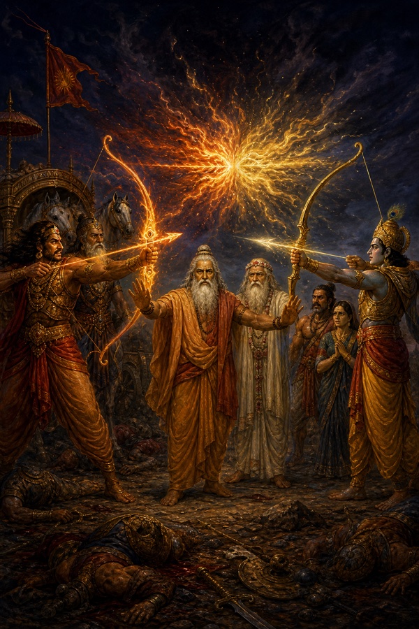 व्यास और नारद हथेलियां उठाकर अश्वत्थामा और अर्जुन के प्रज्वलित अस्त्रों के बीच आ खड़े होते हैं।