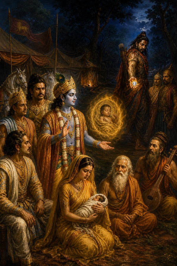 कृष्ण तेज-मंडल में गर्भस्थ शिशु को दिखाकर उसकी रक्षा का वचन देते हैं, पीछे अश्वत्थामा मणि थामे खड़े हैं।