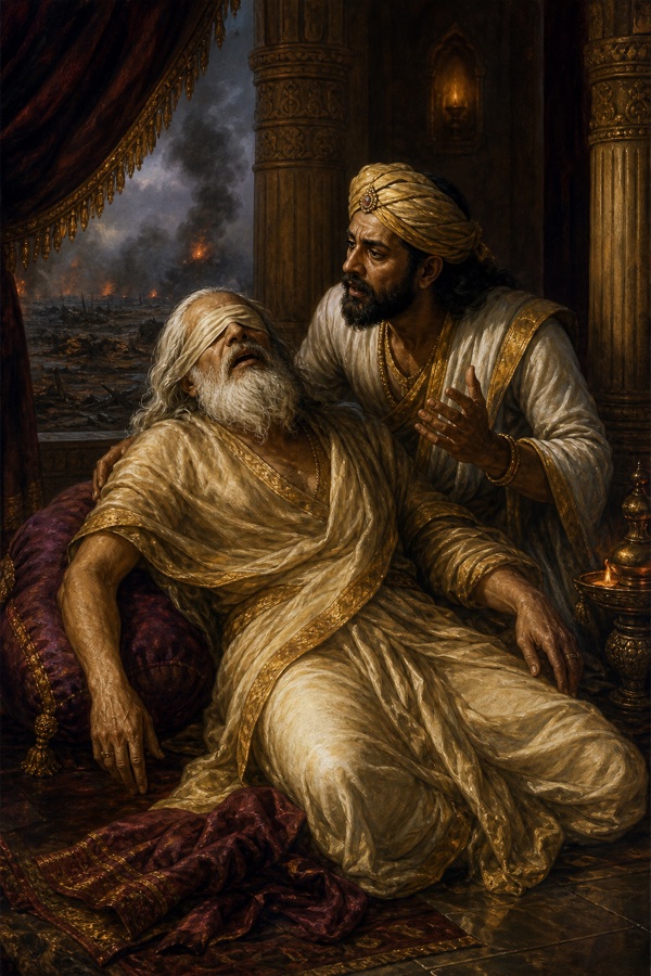 नेत्रों पर पट्टी बांधे वृद्ध धृतराष्ट्र शोक से महल में गिरे हुए, संजय सहारा देकर सांत्वना देते हुए।