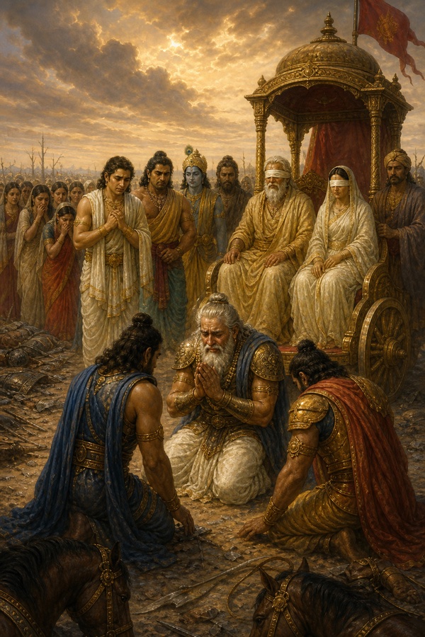युद्ध के बाद पांडव रथ पर बैठे धृतराष्ट्र और गांधारी के सम्मुख रणभूमि में घुटने टेककर प्रणाम करते हुए।