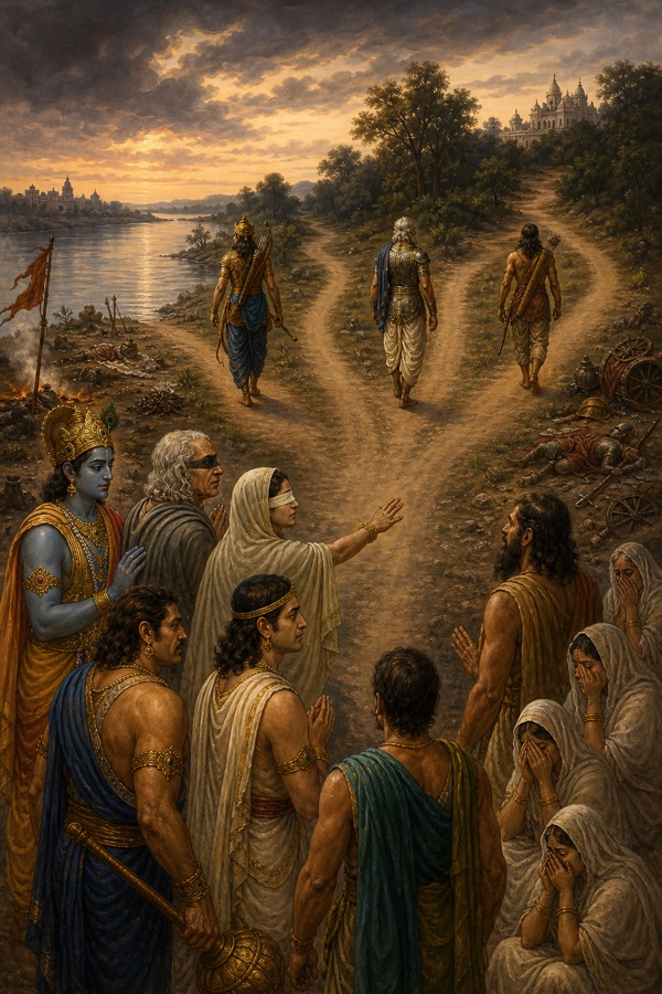 अश्वत्थामा, कृपाचार्य और कृतवर्मा तीन अलग मार्गों पर विदा होते हुए; गांधारी, धृतराष्ट्र, कृष्ण और पांडव देखते खड़े।