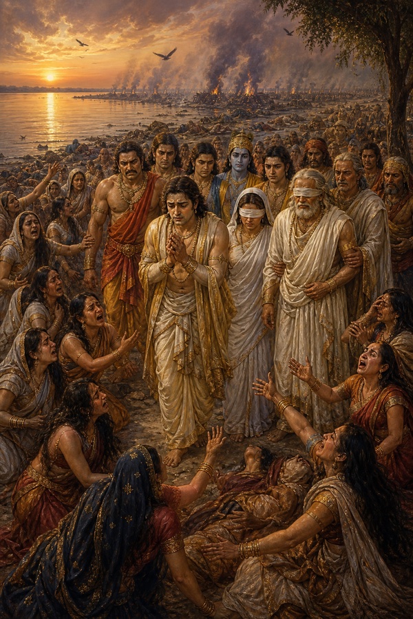 श्मशान बनी रणभूमि में पांडव, गांधारी और धृतराष्ट्र शोकाकुल स्त्रियों के बीच चलते हुए; दूर चिताएँ जलती दिखतीं।