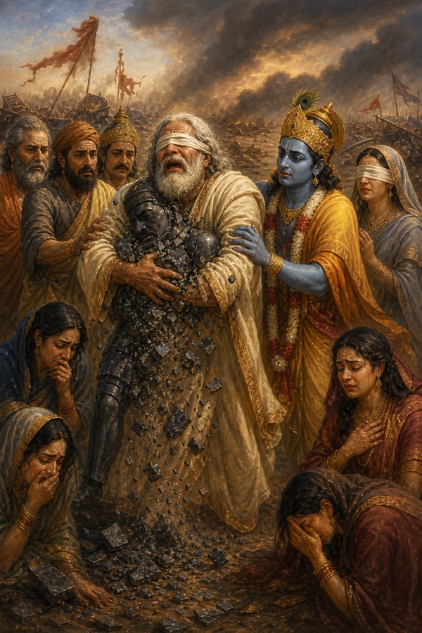 धृतराष्ट्र के आलिंगन में लोहे की भीम-प्रतिमा चूर-चूर होकर बिखरती हुई; कृष्ण पास खड़े उनकी बाँह थामते।