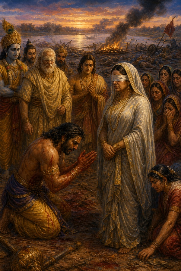 रक्तरंजित युधिष्ठिर हाथ जोड़कर खड़ी गांधारी के सम्मुख घुटनों पर झुके हुए; कृष्ण और शोकाकुल स्त्रियाँ समीप।