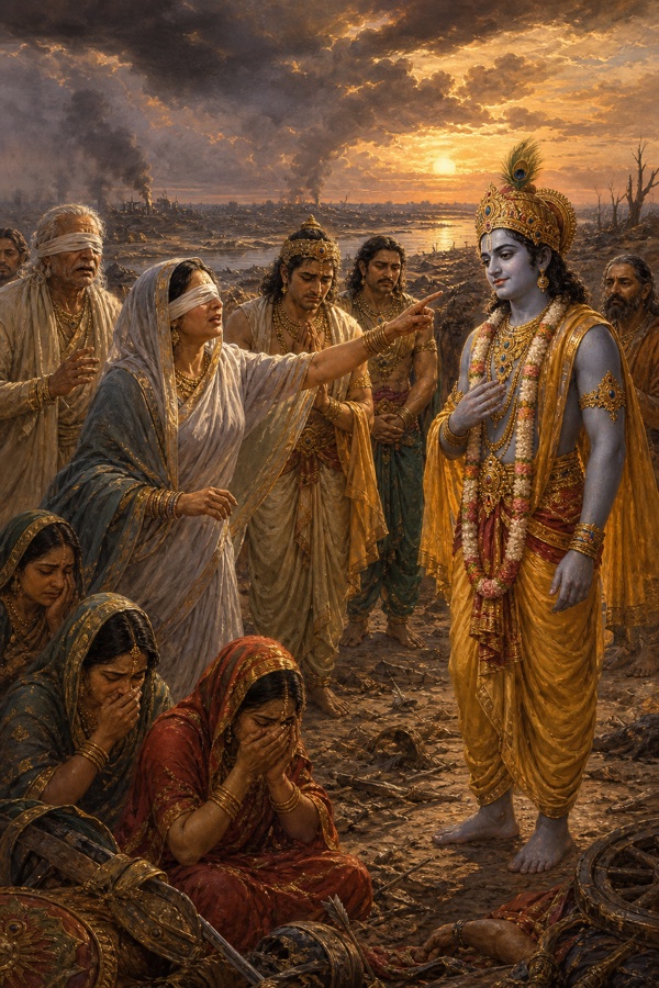 पट्टी बांधे गांधारी क्रोध में कृष्ण की ओर उँगली उठाकर शाप देती हुईं; चारों ओर शोकग्रस्त स्त्रियाँ बैठीं।