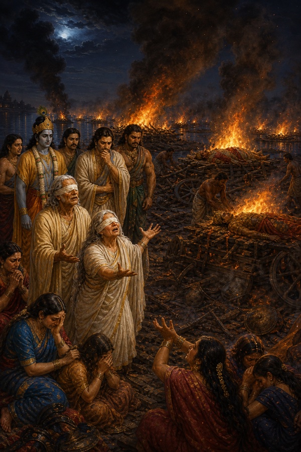 रात्रि में जलती असंख्य चिताओं के सम्मुख धृतराष्ट्र और गांधारी हाथ फैलाकर विलाप करते; कृष्ण और पांडव पीछे खड़े।