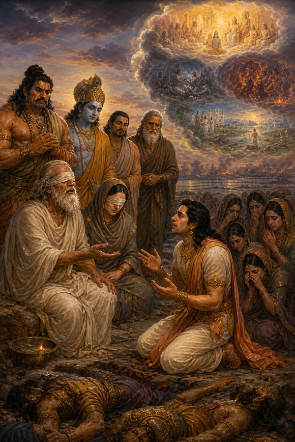 आकाश में दिव्य लोकों में विराजे मृत वीरों का दृश्य; नीचे युवा राजकुमार धृतराष्ट्र और गांधारी के सम्मुख हाथ फैलाए बैठा।