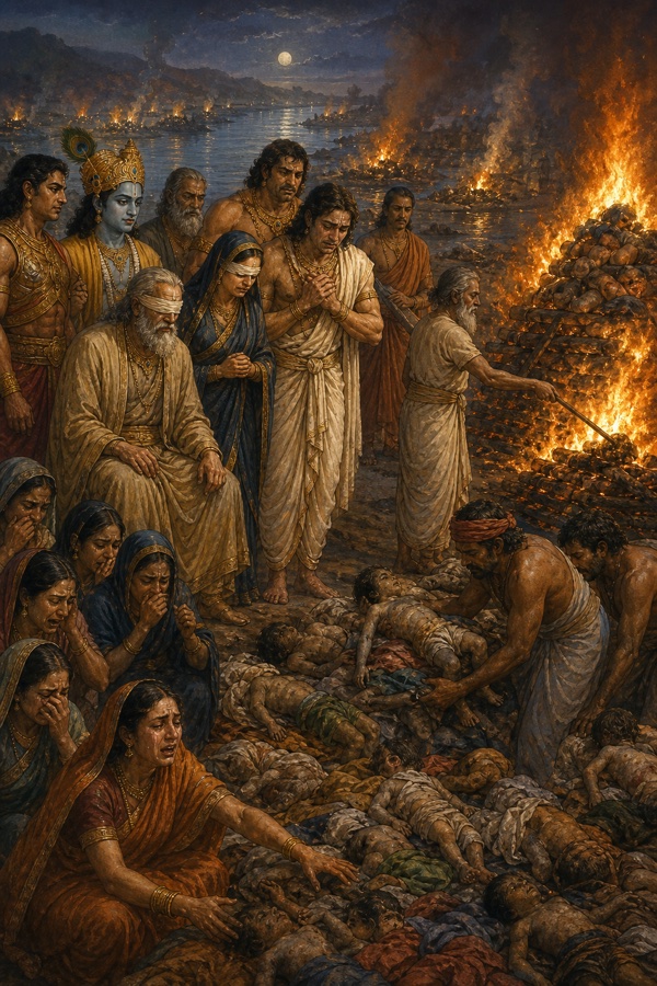 रात्रि में सामूहिक चिताओं पर असंख्य शव जलते हुए; सेवक शव उठाते, धृतराष्ट्र, गांधारी, कृष्ण और पांडव शोक में खड़े।