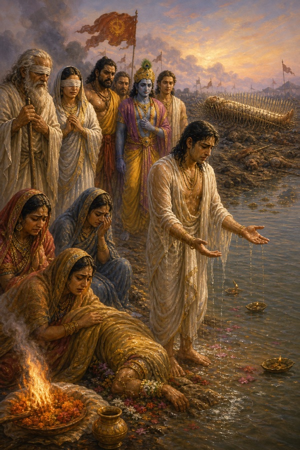 युधिष्ठिर नदी में खड़े होकर मृत परिजनों को जलांजलि देते हुए; तट पर दीप, फूल और शोकमग्न स्त्रियाँ।