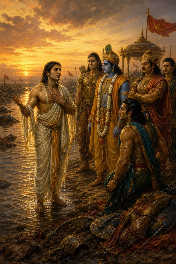व्याकुल युधिष्ठिर सूर्योदय के समय जल से बाहर आते हुए छाती पर हाथ रखे; कृष्ण और भाई घेरकर खड़े।