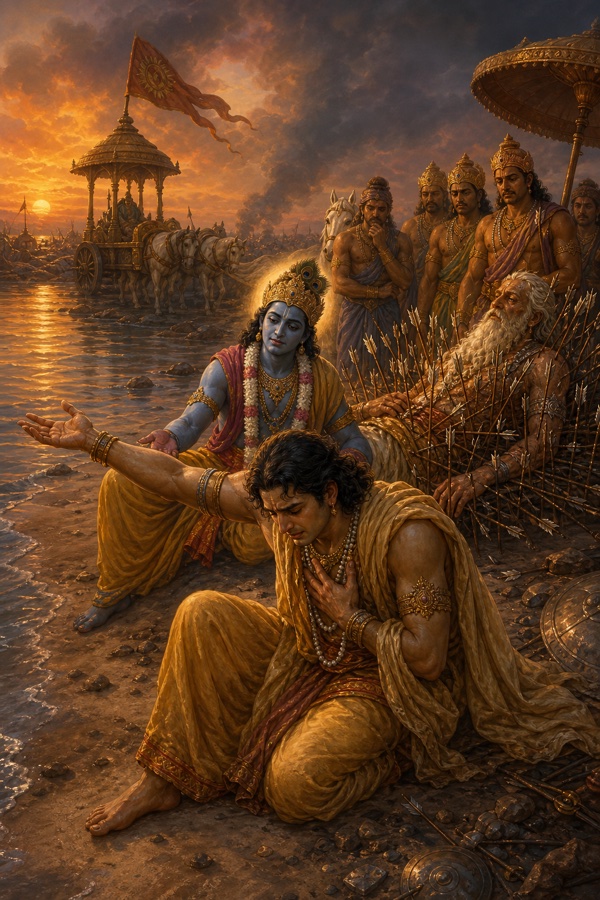 कृष्ण तट पर बैठे शोकमग्न युधिष्ठिर को समझाते हुए; पीछे शरशय्या पर लेटे भीष्म और खड़े योद्धा दिखते।