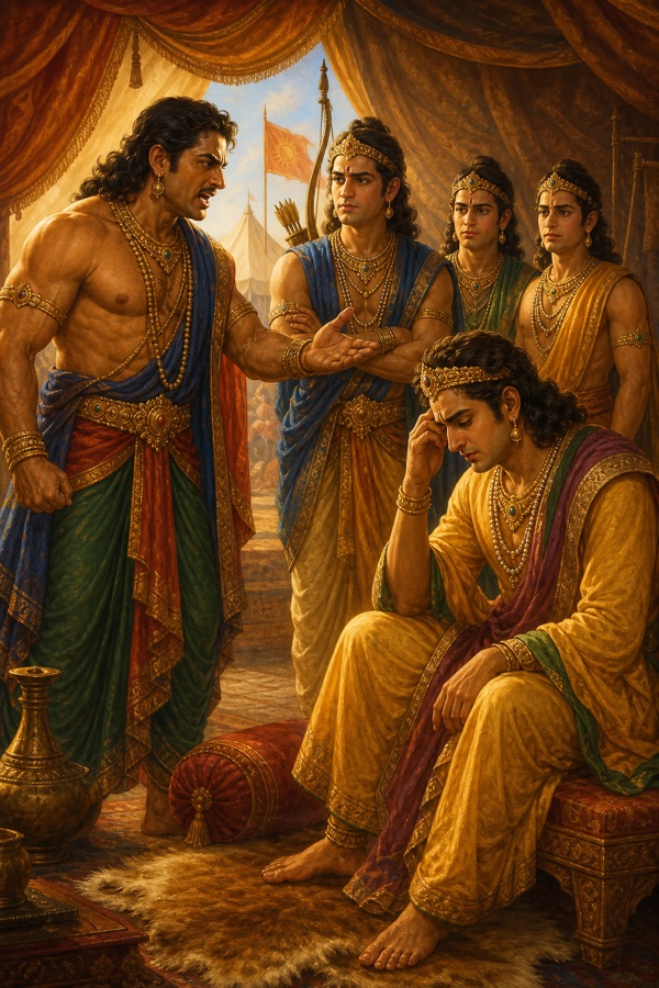 क्रोधित भीम शिविर में सिर झुकाए बैठे युधिष्ठिर को हाथ बढ़ाकर समझाते; अर्जुन, नकुल और सहदेव पास खड़े।