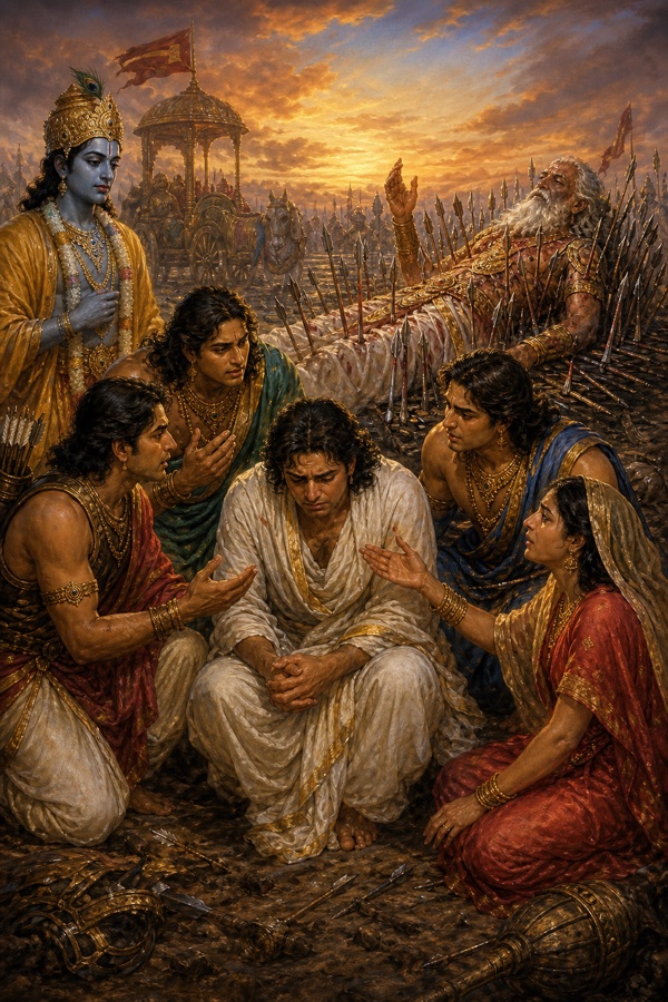 रणभूमि में भाई और द्रौपदी शोकमग्न युधिष्ठिर को घेरकर समझाते; पीछे कृष्ण खड़े और शरशय्या पर भीष्म हाथ उठाए।