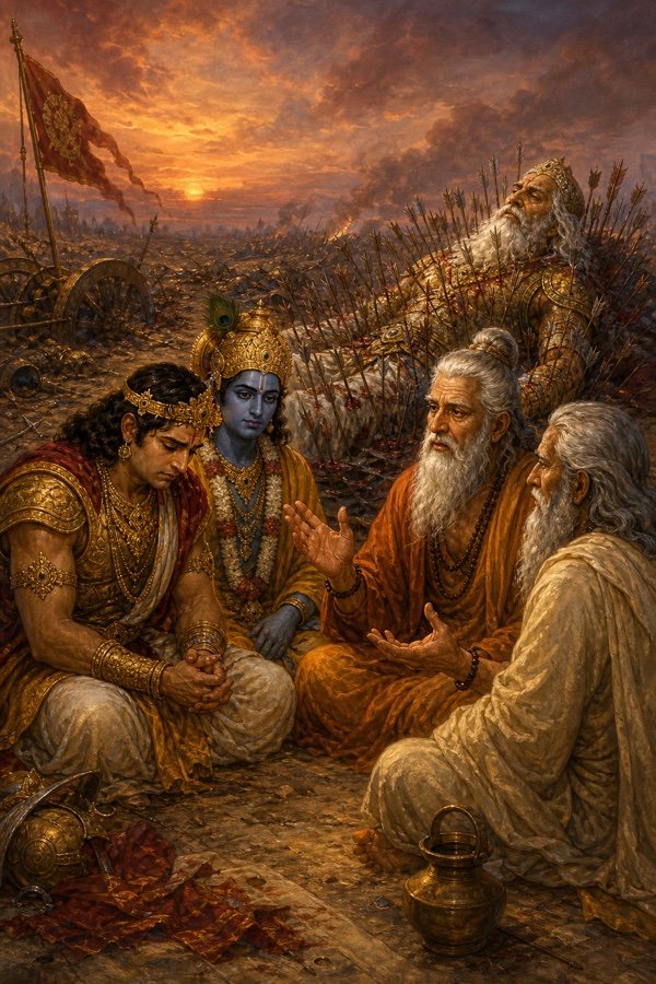 ऋषि व्यास रणभूमि में बैठे युधिष्ठिर और कृष्ण को उपदेश देते; अन्य वृद्ध ऋषि साथ बैठे, पीछे शरशय्या पर भीष्म।