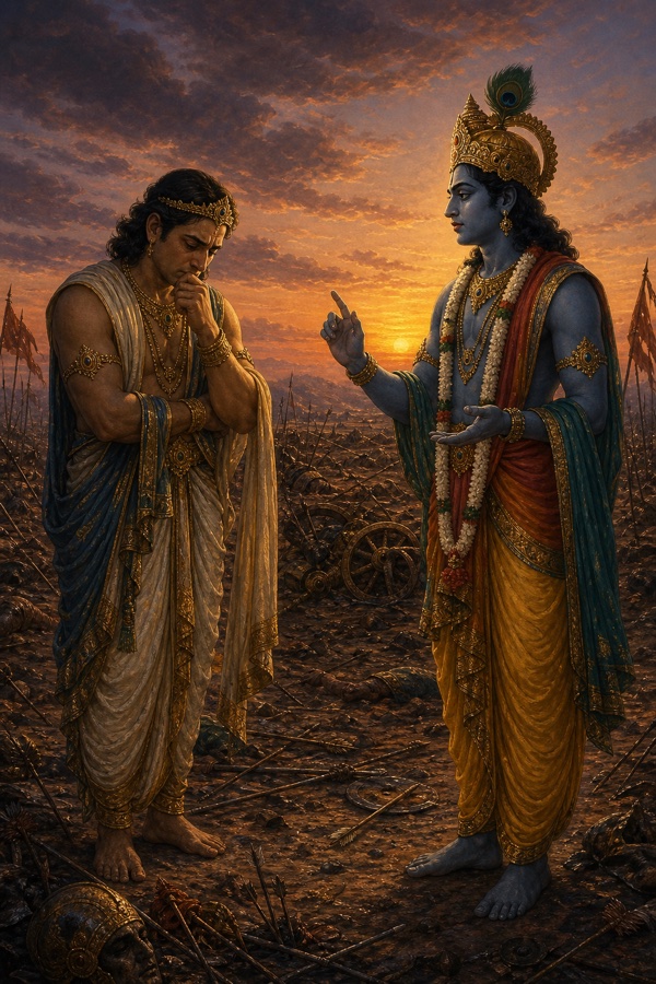 कृष्ण बाणों से बिखरी रणभूमि में उँगली उठाकर चिंतामग्न युधिष्ठिर को समझाते हुए; पीछे सूर्यास्त का आकाश।