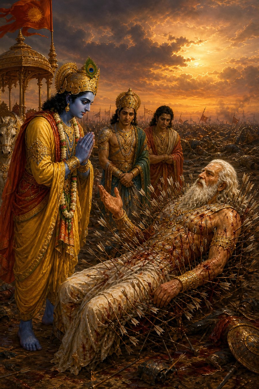 कृष्ण हाथ जोड़कर शरशय्या पर लेटे भीष्म के समीप खड़े; भीष्म हाथ उठाकर बोलते, पीछे पांडव शोकमग्न।