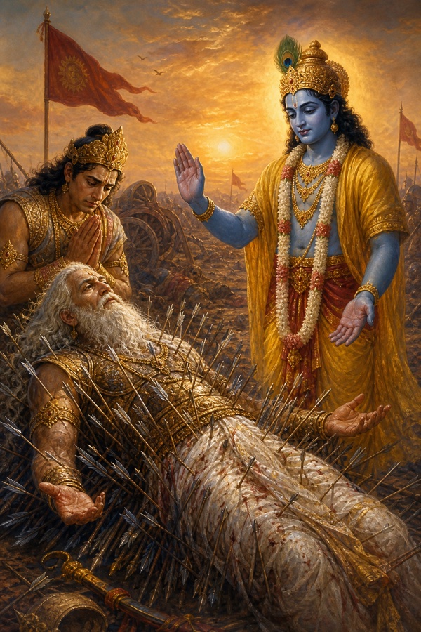 कृष्ण शरशय्या पर लेटे भीष्म के ऊपर आशीर्वाद की मुद्रा में हाथ उठाए; पीछे राजकुमार हाथ जोड़े झुका।