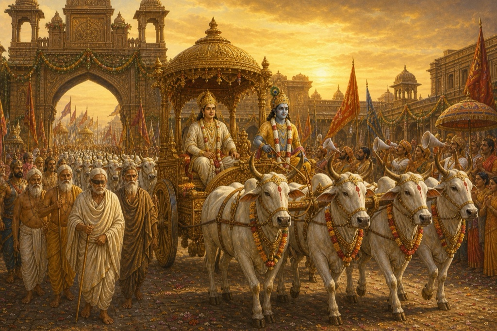 श्वेत बैलों से जुते स्वर्ण रथ पर युधिष्ठिर हस्तिनापुर में प्रवेश करते; कृष्ण सारथी, नगरवासी और ऋषि स्वागत करते।