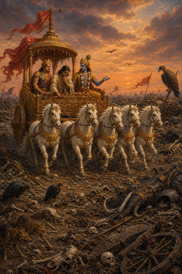 कृष्ण और युधिष्ठिर श्वेत अश्वों के रथ पर शवों, अस्थियों और गिद्धों से भरी रणभूमि पार करते हुए।