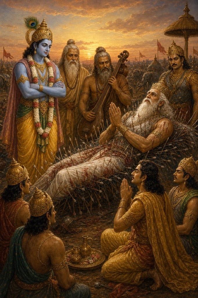 शरशय्या पर भीष्म हाथ जोड़कर स्तुति करते; कृष्ण, वीणा लिए नारद, अन्य ऋषि और पांडव चारों ओर उपस्थित।