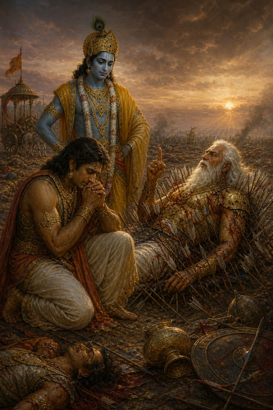 भीष्म शरशय्या से उँगली उठाकर उपदेश देते; युधिष्ठिर हाथ जोड़े घुटनों पर बैठे, कृष्ण पीछे खड़े देखते।