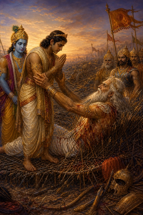 शरशय्या पर लेटे भीष्म हाथ बढ़ाकर हाथ जोड़े खड़े युधिष्ठिर की बाँह थामते; पीछे कृष्ण और योद्धा खड़े।