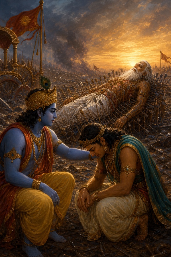 कृष्ण झुककर शोक में डूबे युधिष्ठिर के माथे को छूते हुए; पीछे शरशय्या पर भीष्म आकाश की ओर देखते।