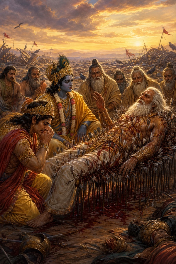 भीष्म की शरशय्या के पास बैठे युधिष्ठिर रोते हुए; कृष्ण हाथ उठाकर समझाते, वृद्ध ऋषि चारों ओर बैठे।