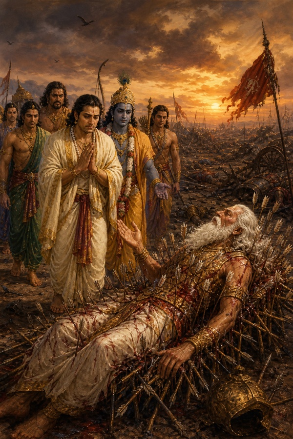 पांडव और कृष्ण शरशय्या पर लेटे भीष्म के समीप आते; भीष्म हाथ उठाकर हाथ जोड़े युधिष्ठिर का स्वागत करते।
