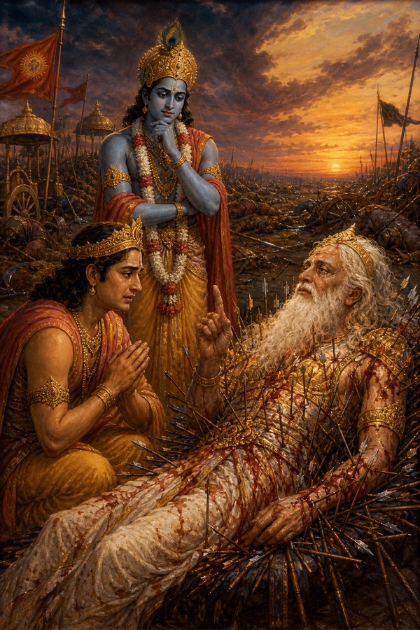 युधिष्ठिर हाथ जोड़े शरशय्या के पास बैठे; भीष्म उँगली उठाकर राजधर्म समझाते, कृष्ण खड़े होकर सुनते।