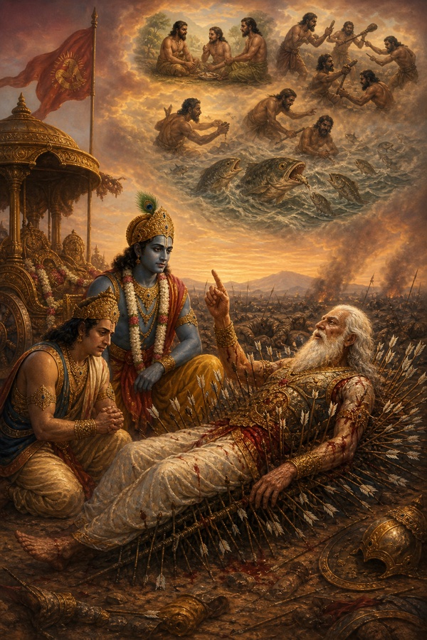 भीष्म शरशय्या से उँगली उठाकर कथाएँ सुनाते; आकाश में मनुष्यों और मछलियों के दृश्य, कृष्ण और युधिष्ठिर सुनते।