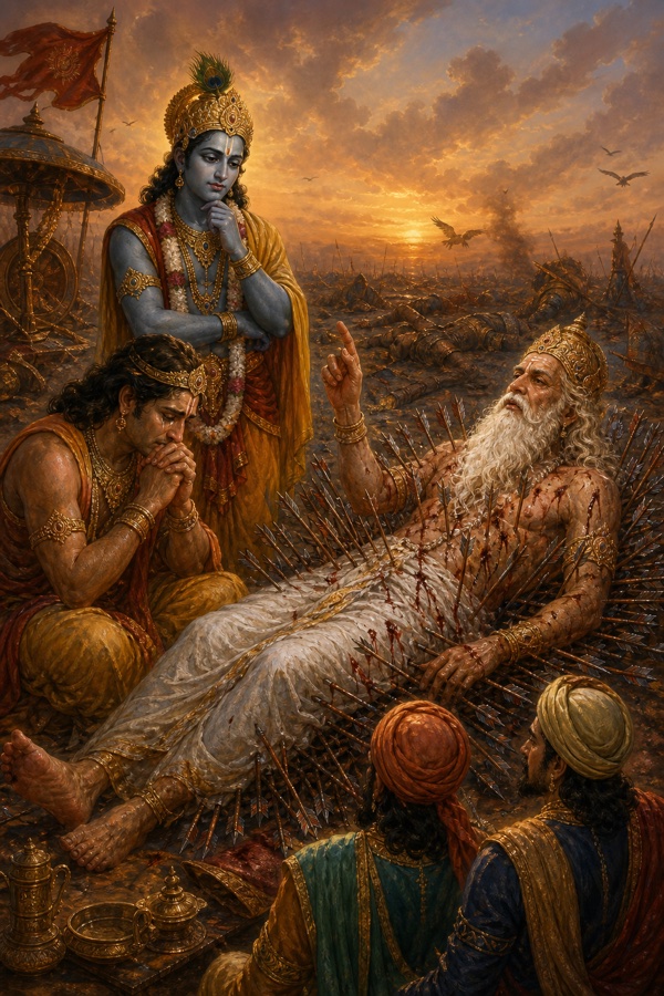 शरशय्या पर लेटे भीष्म उँगली उठाकर उपदेश देते; युधिष्ठिर हाथ जोड़े रोते, कृष्ण और पगड़ीधारी श्रोता समीप बैठे।