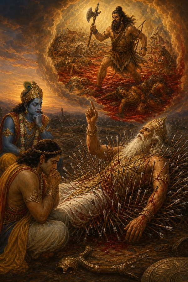 भीष्म शरशय्या से परशुराम की कथा सुनाते; आकाश में फरसा लिए योद्धा रक्तरंजित रणभूमि पर खड़ा दिखता।