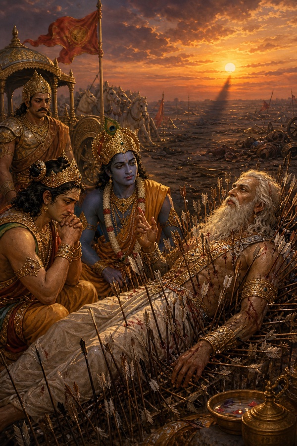 कृष्ण शरशय्या के पास बैठे हाथ के संकेत से बोलते; युधिष्ठिर हाथ जोड़े सुनते, भीष्म बाणों के बीच लेटे।