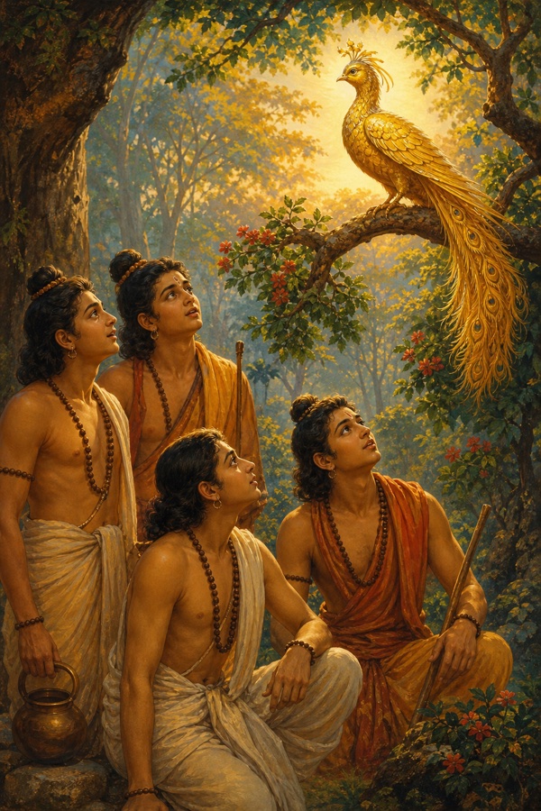 Beardless young brahmin ascetics in a forest gazing up in wonder at a luminous golden bird perched on a branch, dawn light filtering through trees.