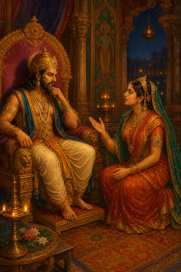 King Janaka of Videha in his palace conversing with his crowned queen who counsels him, ornate Mithila throne-chamber, lamplit evening.