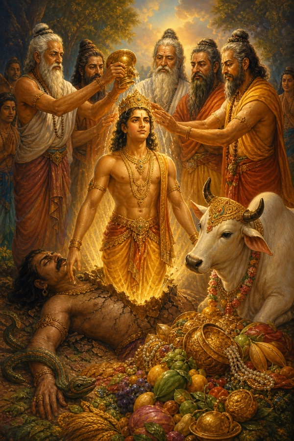Radiant King Prithu rising newly-born from the body of the fallen tyrant Vena, sages anointing him as the earth, personified as a cow, yields its wealth before him.