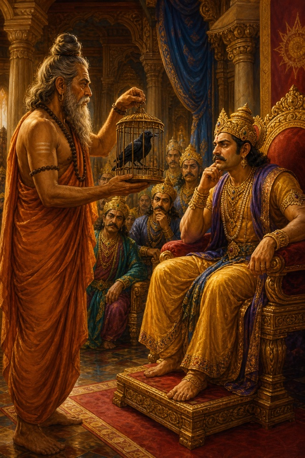 The sage Kalakavrikshiya standing before King Kshemadarshi in court, carrying a caged crow as a pointed emblem of corrupt officials.