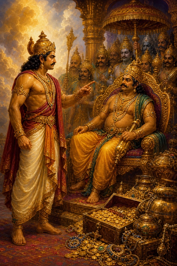 King Muchukunda confronting the wealth-god Kubera, asserting the strength of his own arm over riches gained by boon, divine yaksha host behind Kubera.