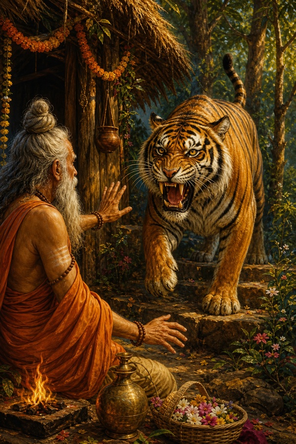 A hermit's dog, magically transformed up the ladder of beasts into a mighty tiger by a forest ascetic, now baring fangs at its own benefactor outside the hut.
